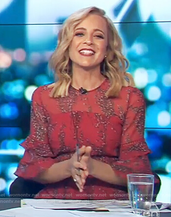 Carrie's red floral print dress on The Project