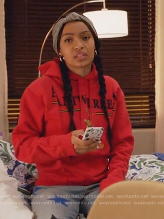 Zoey's red hoodie and star print jeans on Grown-ish