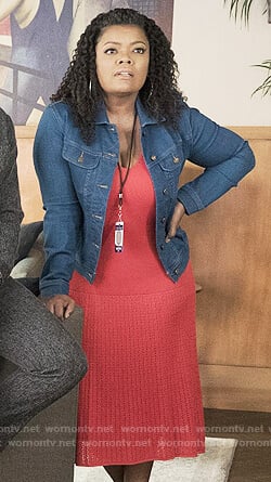 Dina's red knitted flare dress on The Mayor