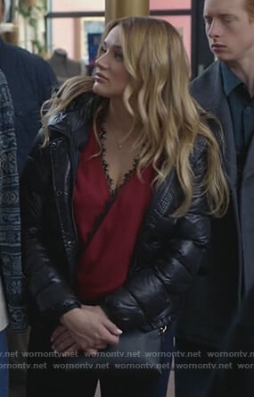 Clementine's red lace-trim top on Life in Pieces