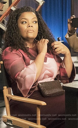 Dina's rose print bell sleeve dress on The Mayor