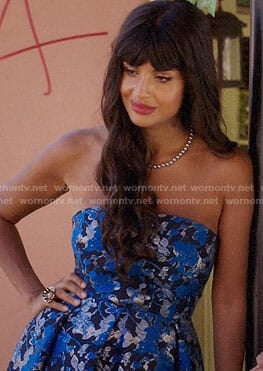 Tahani's blue floral strapless midi dress on The Good Place