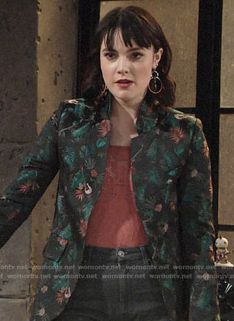 Tessa's guitar print blazer and coral mesh top on The Young and the Restless