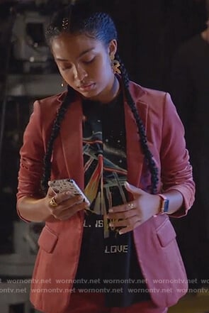 Zoey's red velvet blazer and black ufo print t-shirt on Grown-ish