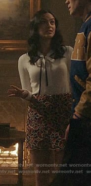 Veronica's white bow neck top and paisley skirt on Riverdale
