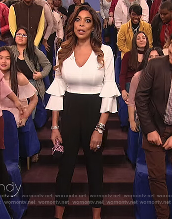 Wendy's white and black bell sleeve jumpsuit on The Wendy Williams Show