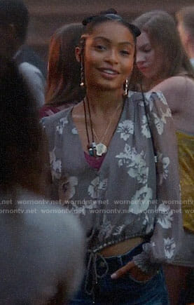 Zoey's grey floral v-neck blouse on Grown-ish