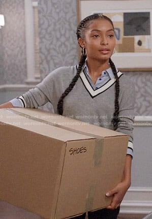 Zoey's grey layered v-neck sweater on Black-ish