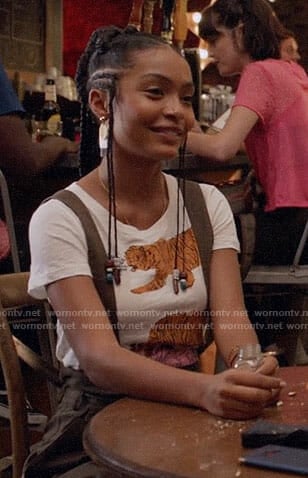 Zoey's tiger graphic tee and overalls on Grown-ish