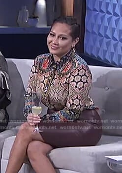Adrienne's mixed floral blouse and maroon skirt on The Real