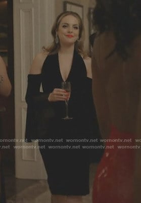 Fallon's black cold-shoulder dress on Dynasty