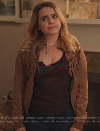 Annie's brown fringe bomber jacket on Good Girls