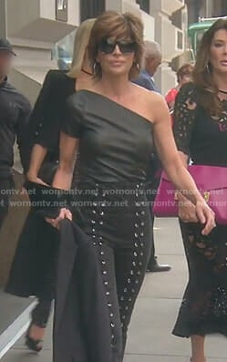 Lisa's black one-shoulder leather top and lace-up pants on The Real Housewives of Beverly Hills
