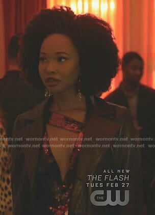 Monica's sequin striped dress and black trench coat on Dynasty