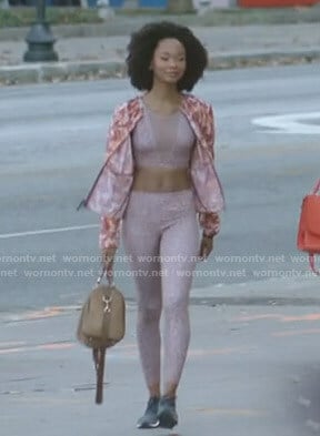 Monica's pink leopard print sports bra,leggings and camo jacket on Dynasty