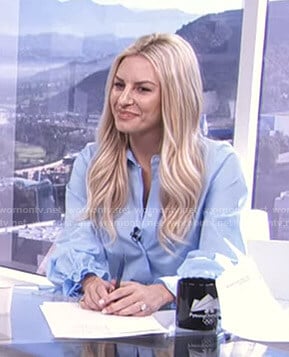 Morgan's blue blouse with drawstring cuffs on E! News Daily Pop