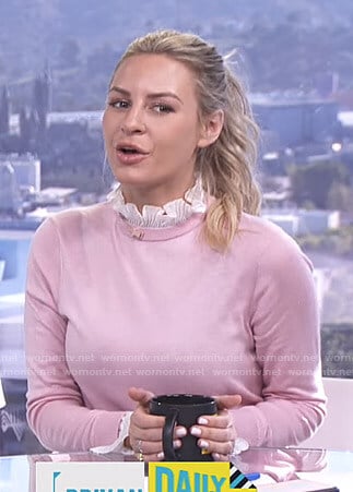 Morgan's pink ruffled layered sweater on E! News Daily Pop