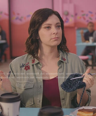 Rebecca's green embroidered shirt on Crazy Ex-Girlfriend
