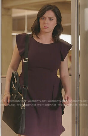 Rebecca's purple ruffled dress on Crazy Ex-Girlfriend