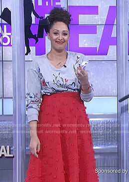 Tamera's grey floral sweatshirt and red skirt on The Real