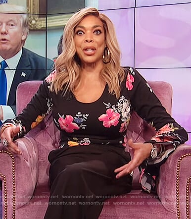 Wendy's black floral print bell sleeve top on The Wendy Williams Show