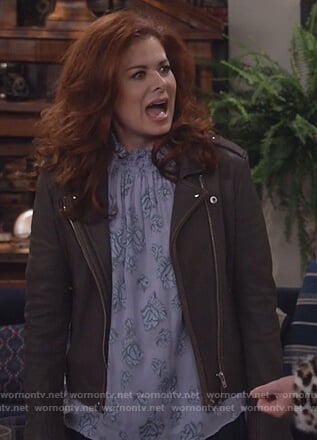 Grace's black leather moto jacket and floral top on Will and Grace