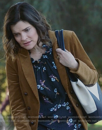 Heather's brown jacket and floral print top on Life in Pieces