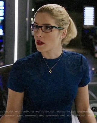 Felicity's blue dress with embroidered shoulders on Arrow