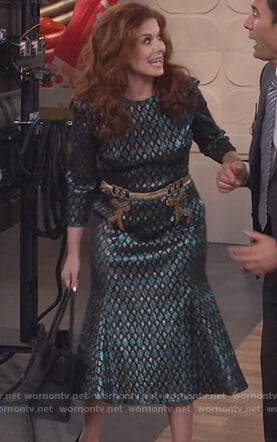 Grace's green and gold metallic dress on Will and Grace