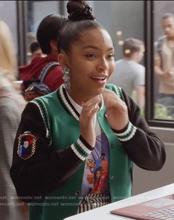 Zoey's green knit bomber jacket and TLC t-shirt on Grown-ish