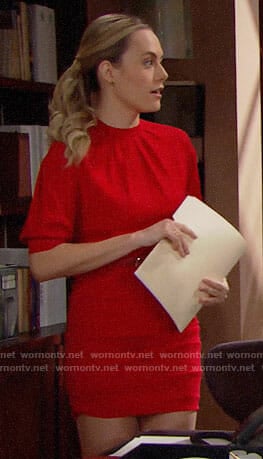 Hope's red ruched mini dress on The Bold and the Beautiful