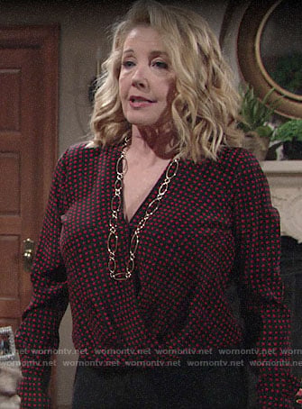 Nikki's red polka dot draped front blouse on The Young and the Restless