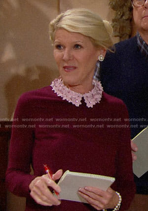 Pam's burgundy sweater with pink floral collar on The Bold and the Beautiful