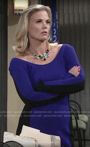 Phyllis's purple and black long sleeved midi dress on The Young and the Restless