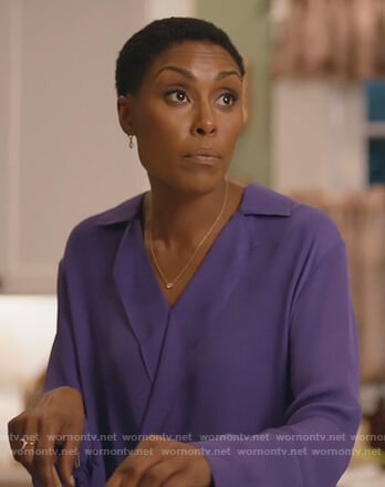 Lynn's purple collared drape top on Black Lightning