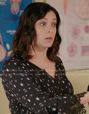 Rebecca's black printed blouse with lace cuffs on Crazy Ex-Girlfriend
