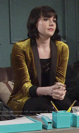 Tessa's yellow velvet blazer and black mesh top on The Young and the Restless