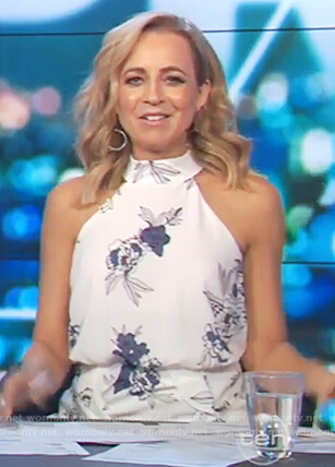 Carrie's white floral print sleeveless dress on The Project
