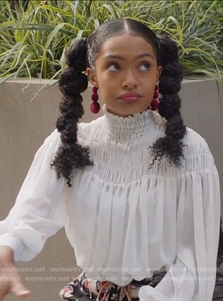 Zoey's white smocked blouse on Grown-ish