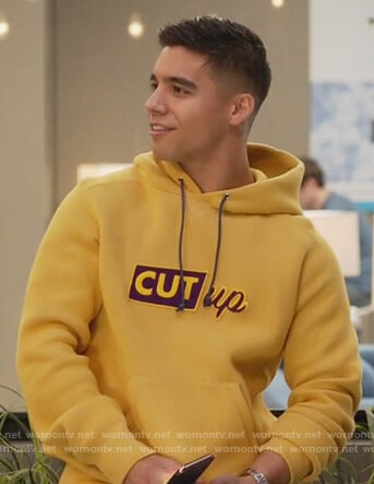 Vivek's yellow cut-up hoodie on Grown-ish