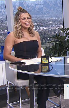 Carissa's navy strapless jumpsuit with red stitching on E! News Daily Pop