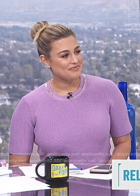 Carissa's purple ribbed short sleeve sweater on E! News Daily Pop