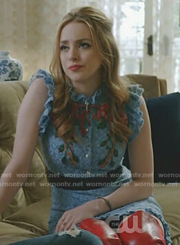 Fallon's blue lace dress and red over the knee boots on Dynasty