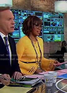 Gayle's yellow laser cut bell sleeve top on CBS This Morning