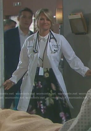 Kayla's white embellished collar top and floral skirt on Days of our Lives