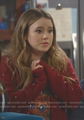 Kendra's red long cardigan with pearls on Kevin Can Wait