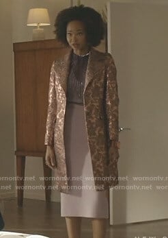 Monica's metallic jacquard coat on Dynasty