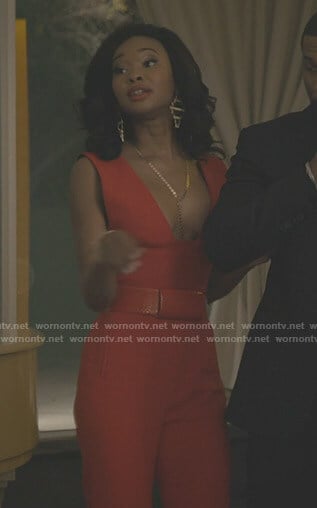 Monica's red jumpsuit on Dynasty