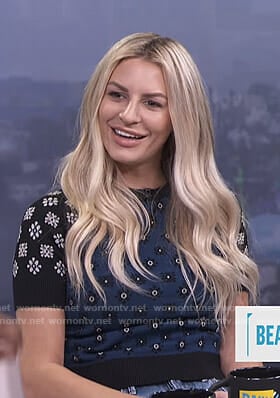 Morgan's blue mixed flower print sweater on E! News Daily Pop
