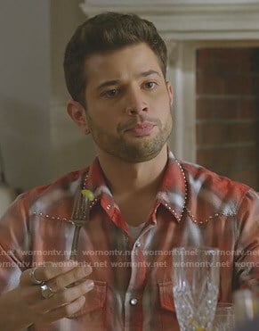 Sam's red plaid studded shirt on Dynasty